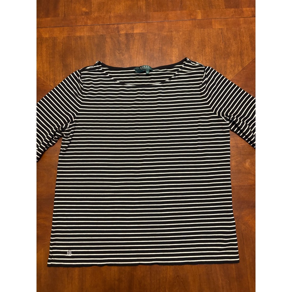 Lauren Ralph Lauren Striped Top Womens XL Black White Boat Neck 3/4 Sleeve RL